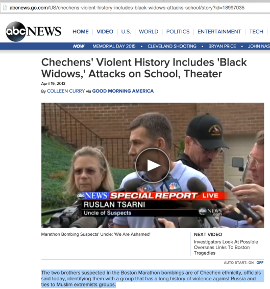 ABC news article 4/19/13 linking boston bombing suspects with chechen "Black Widows" group